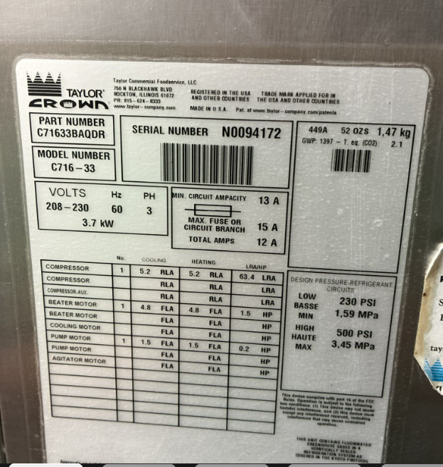 2020 Taylor C716-33 Soft Serve Frozen Yogurt Ice Cream Machine 3 Phase Air Cool