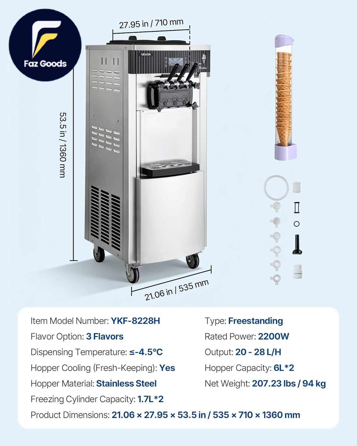 Commercial Ice Cream Machine, 20-28L/H Yield, 2200W 3-Flavor Freestanding Soft S