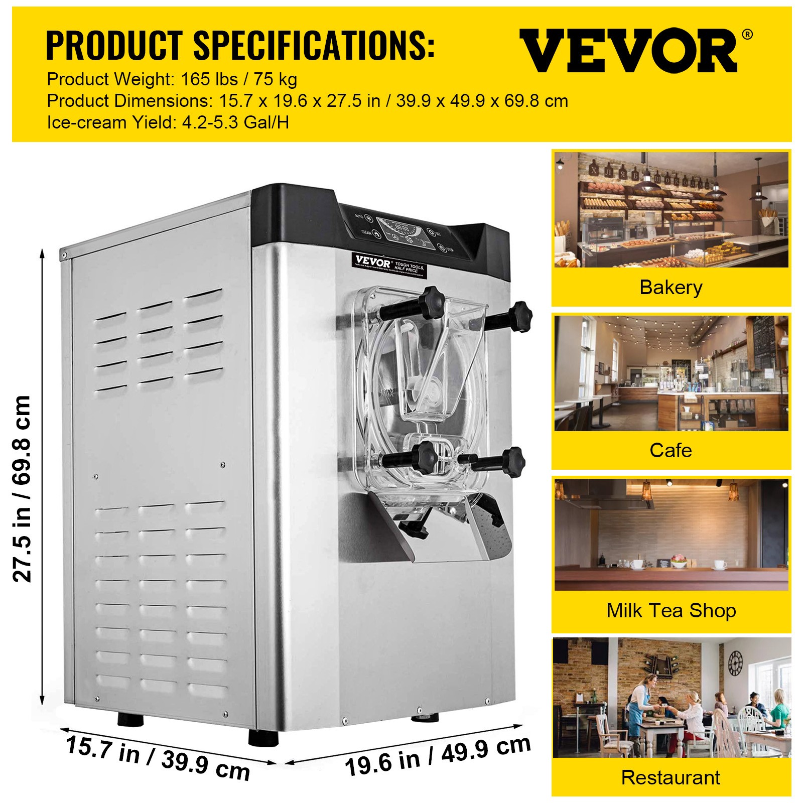 VEVOR Commercial Hard Ice Cream Machine 4.3-5.28 US Gallon/H Ice Cream Maker