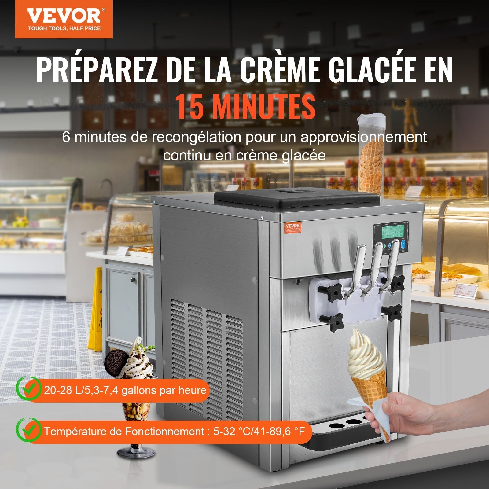 VEVOR Commercial Soft Serve Ice Cream Machine 20L/H Yield 3 Flavor Countertop