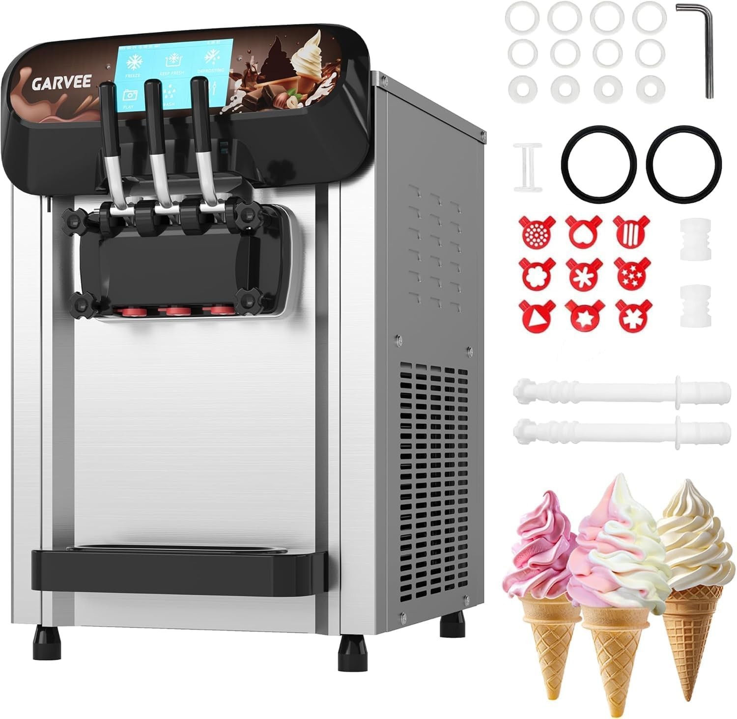 Commercial 3-Flavor Soft Serve Ice Cream Machine 22-30L/H 7in LCD 2x6L Hopper