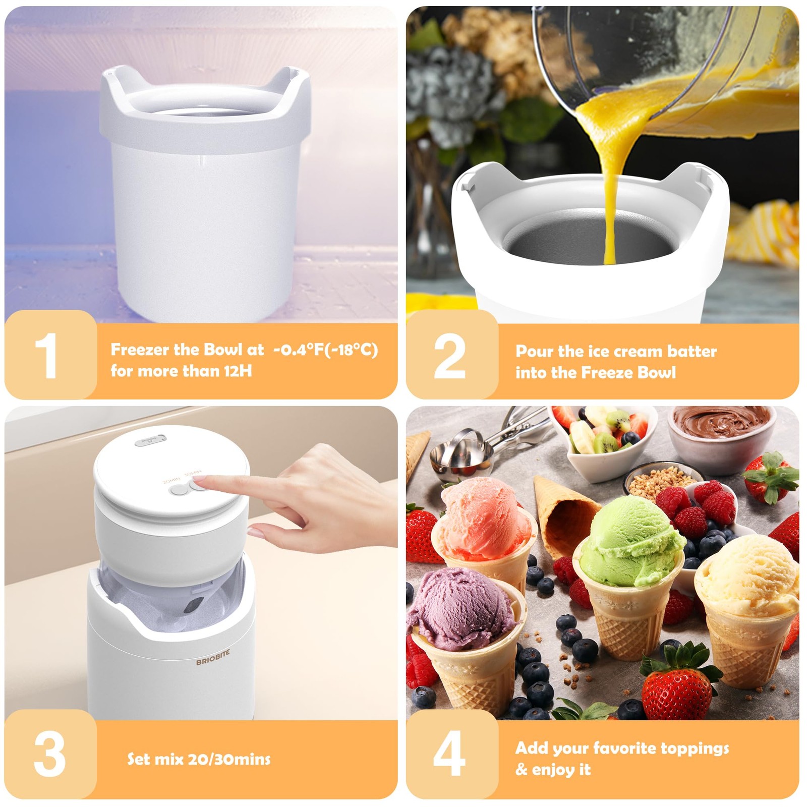 BRIOBITE Mini Electric Ice Cream Maker – Low-Noise, Rechargeable Gelato, Sorbet,