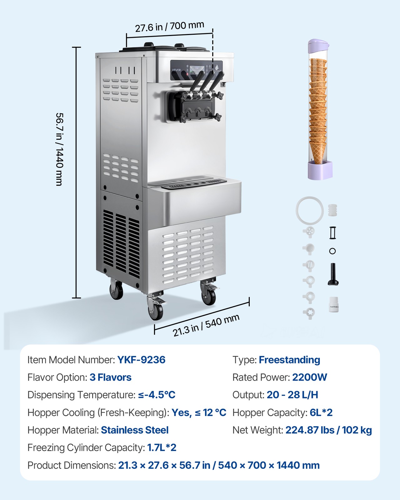 VEVOR Commercial Ice Cream Machine 2200W Pre-Cooling Ice Cream Maker 3 Flavors