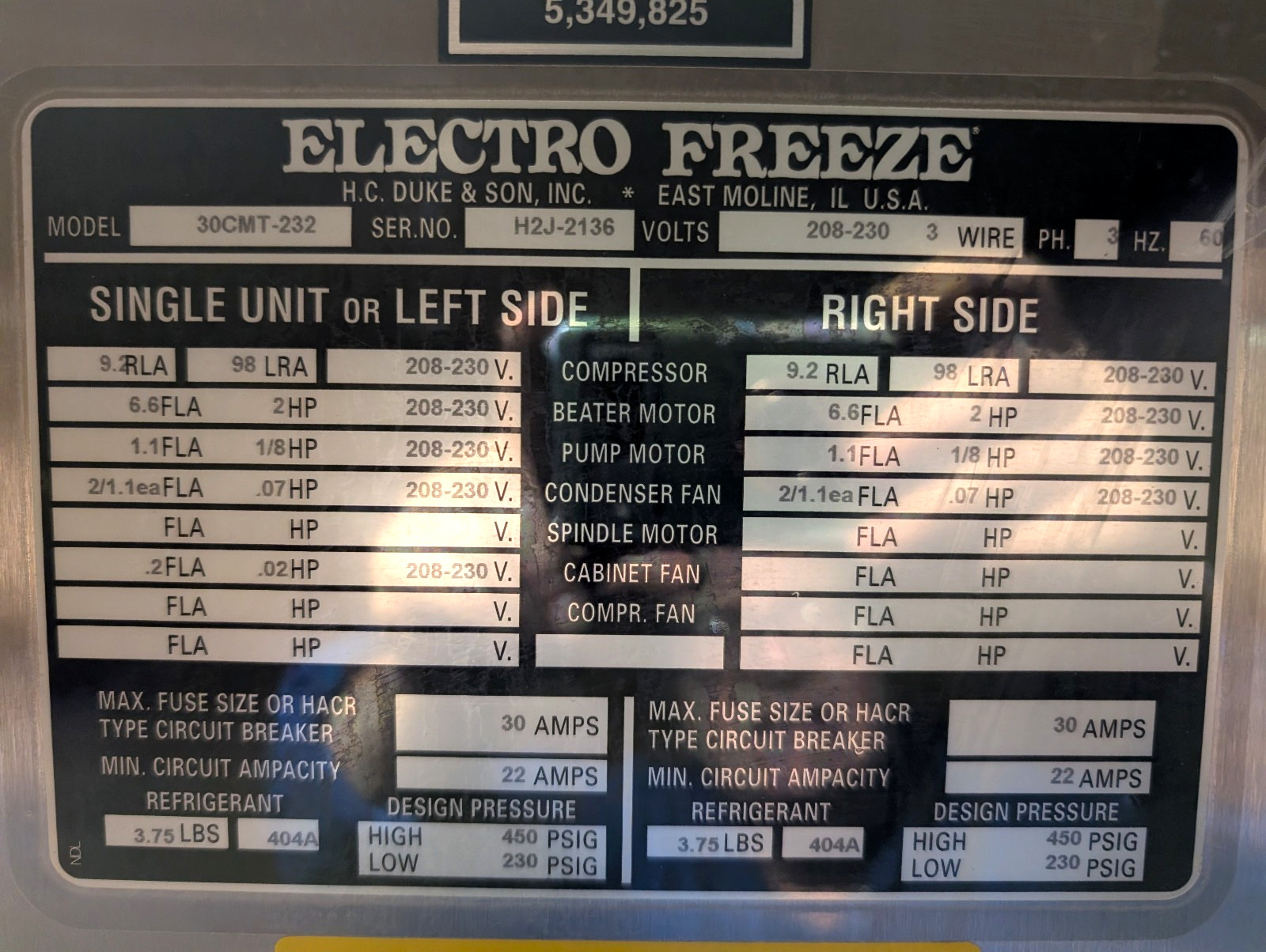 Electro Freeze 30CMT-232 Soft Serve Ice Cream, Pressurized, Air Cooled, 3 ph