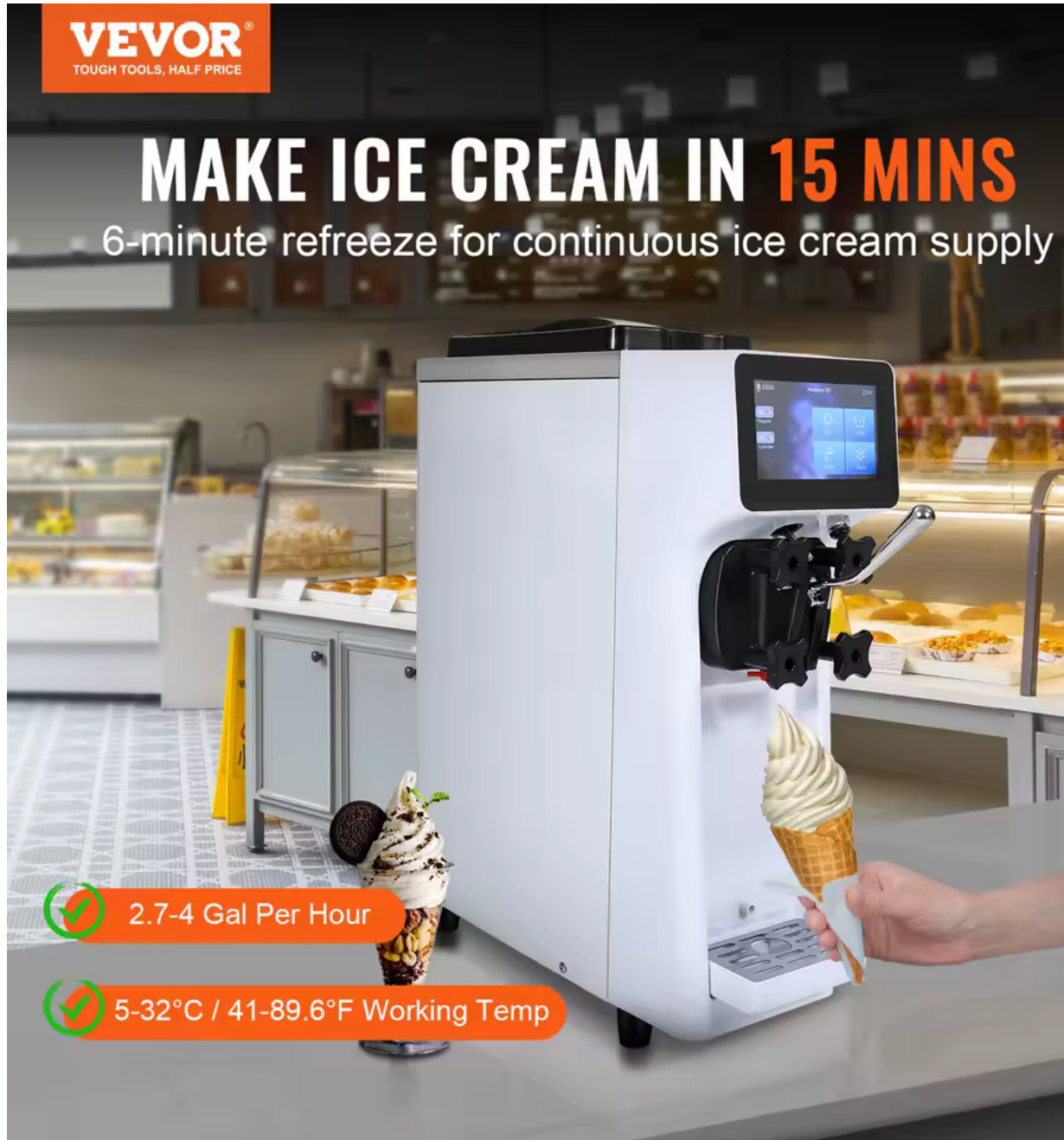 TECSPACE 10-20L/H Commercial Soft Ice Cream Machine 1300W Frozen Yogurt Maker