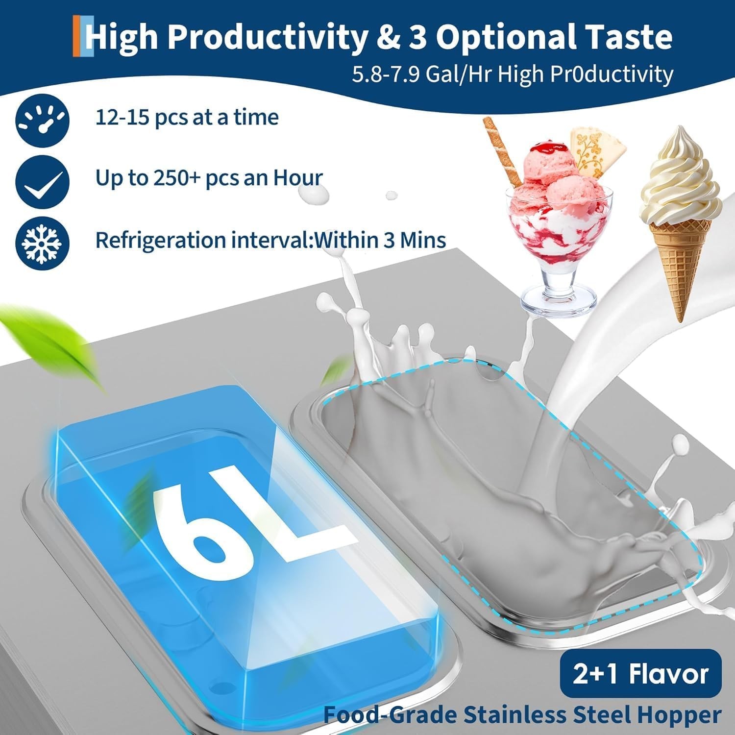 Commercial 3-Flavor Soft Serve Ice Cream Machine 22-30L/H 7in LCD 2x6L Hopper
