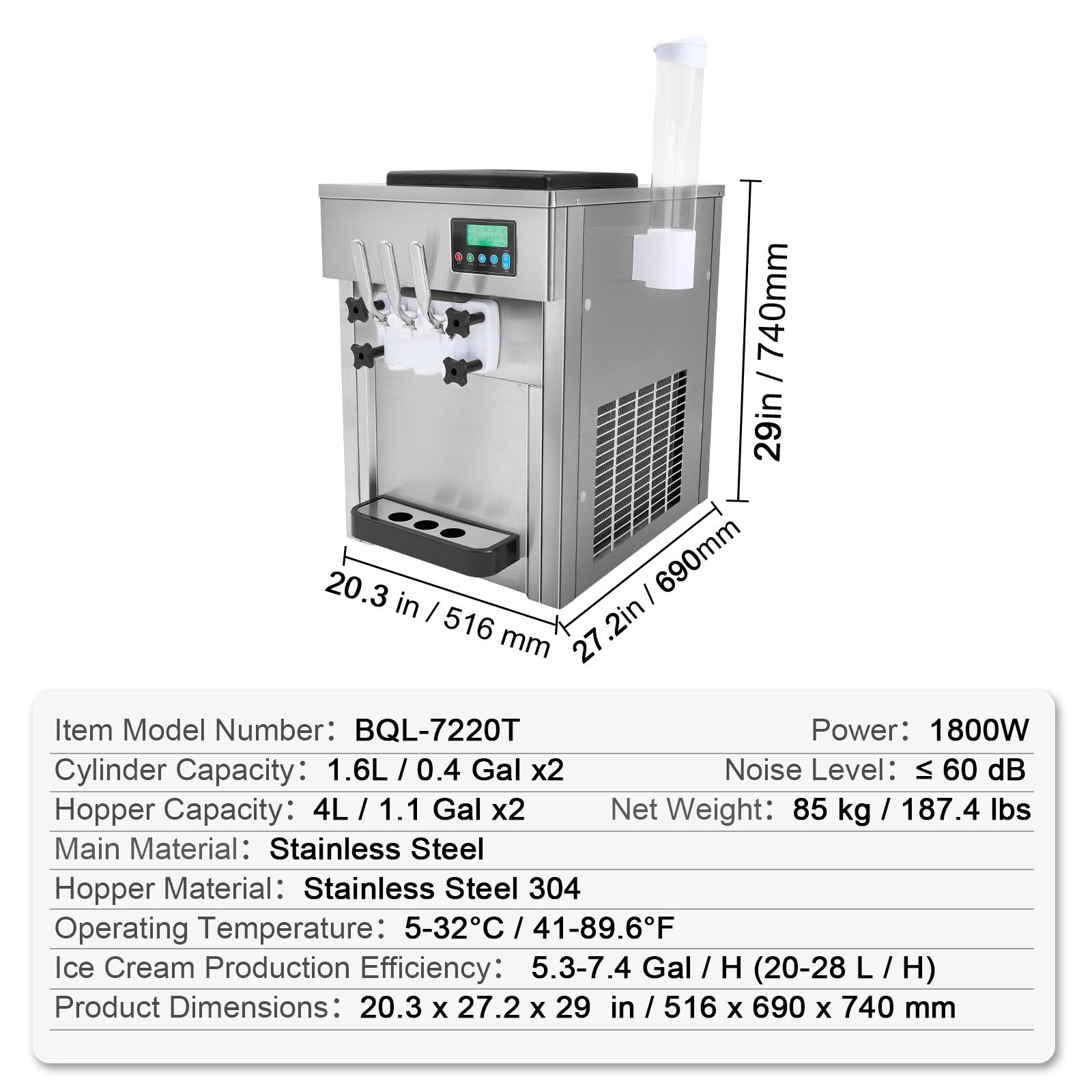 VEVOR Commercial Soft Serve Ice Cream Machine 20-28L/H Yield 3 Flavor Countertop
