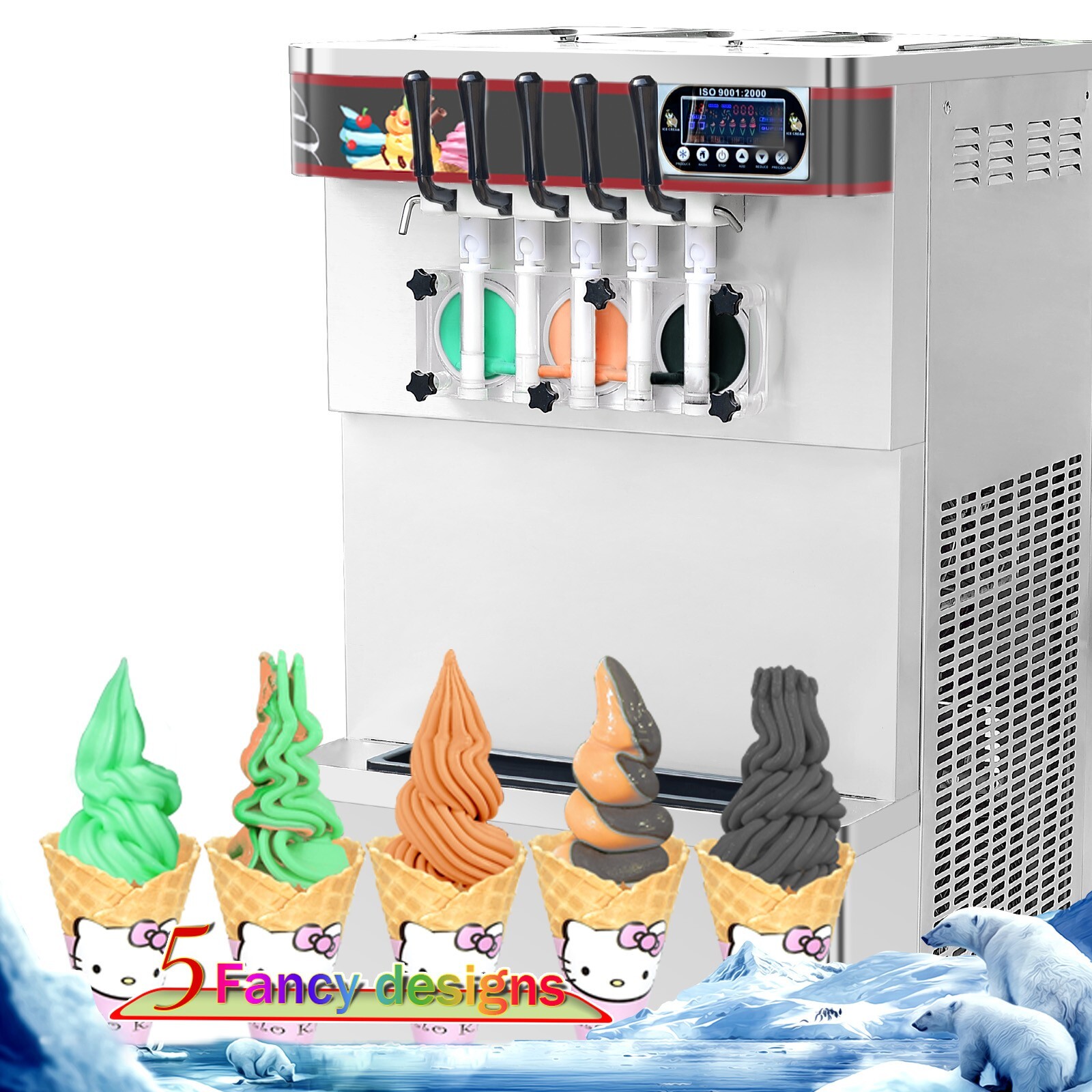 Kolice Commercial 5 flavors soft ice cream maker with different shapes nozzles