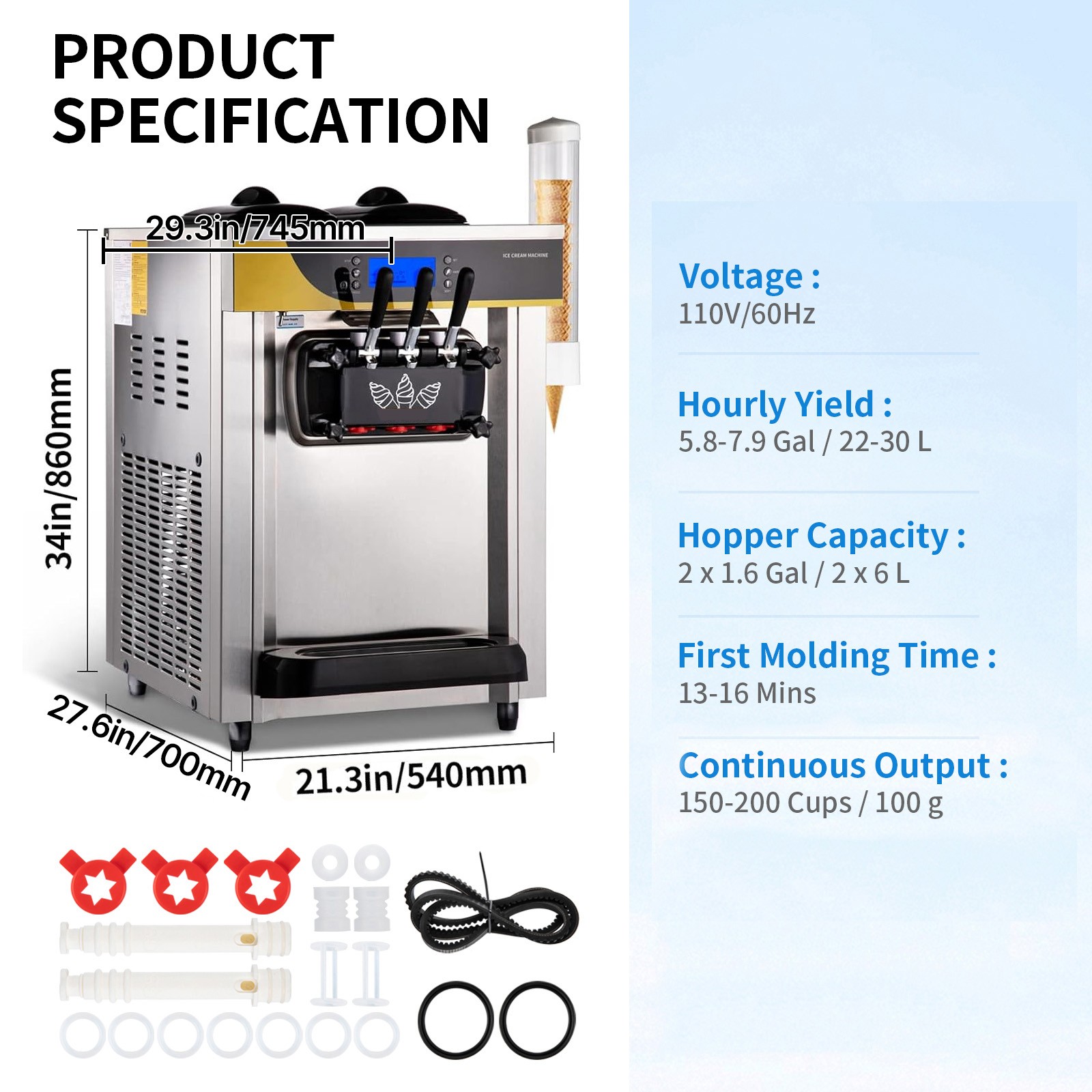 VEVOR Commercial Ice Cream Machine 22-30L/H 2200W Countertop Soft Serve Maker
