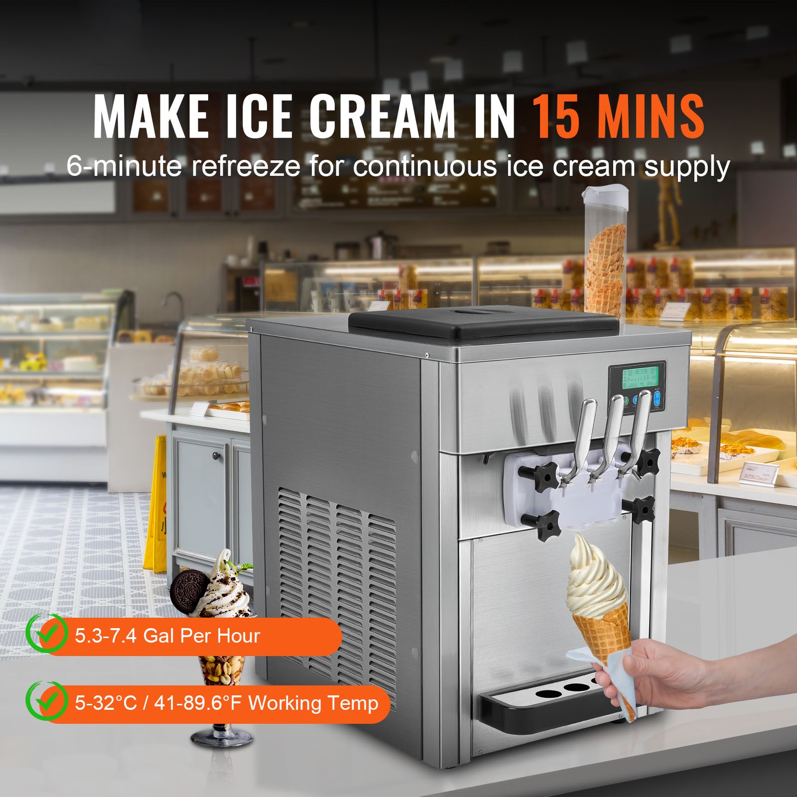 VEVOR Commercial Soft Serve Ice Cream Machine 20-28L/H Yield 3 Flavor Countertop
