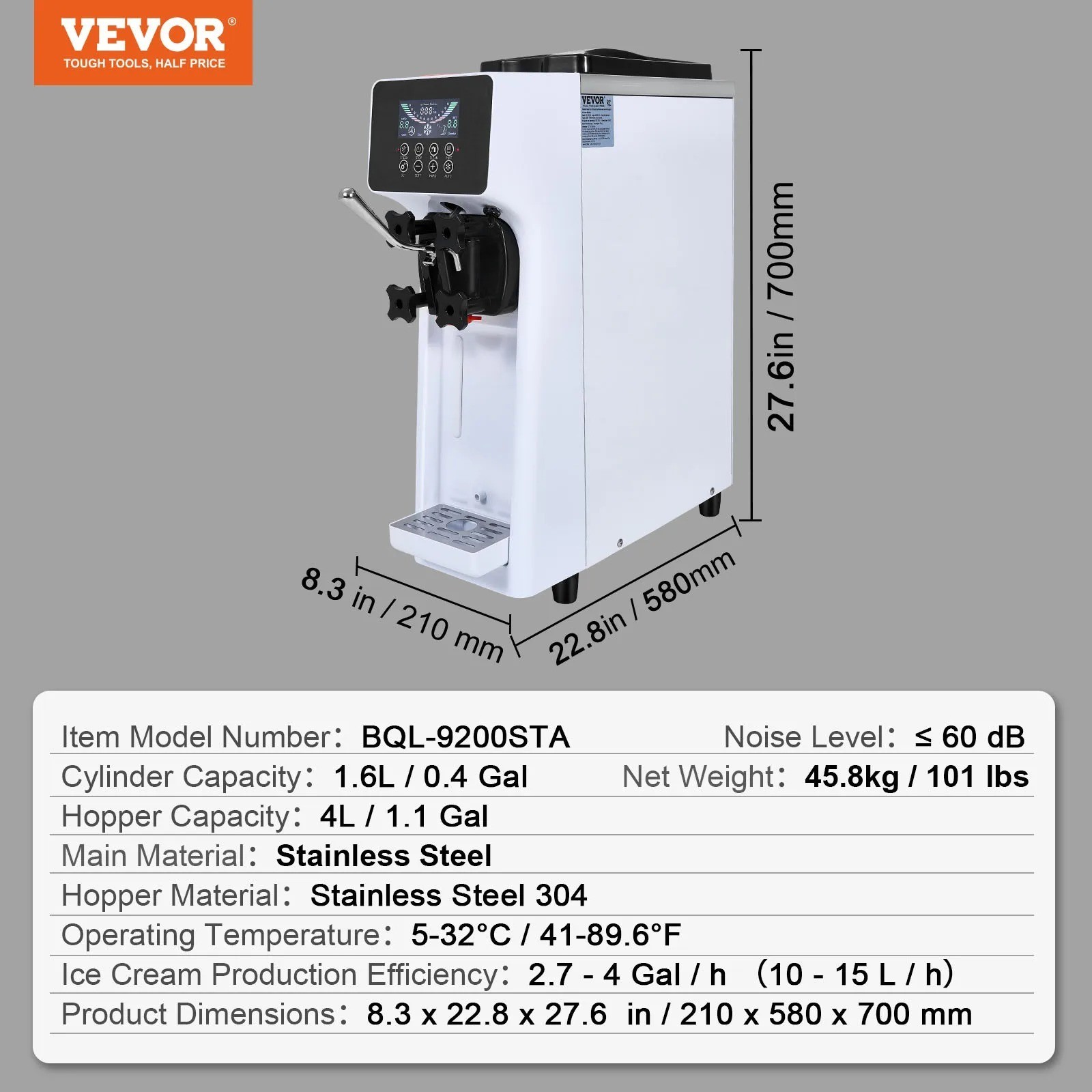 Commercial Ice Cream Maker, 10-20L/H Yield, 1000W Countertop Soft Serve Machine