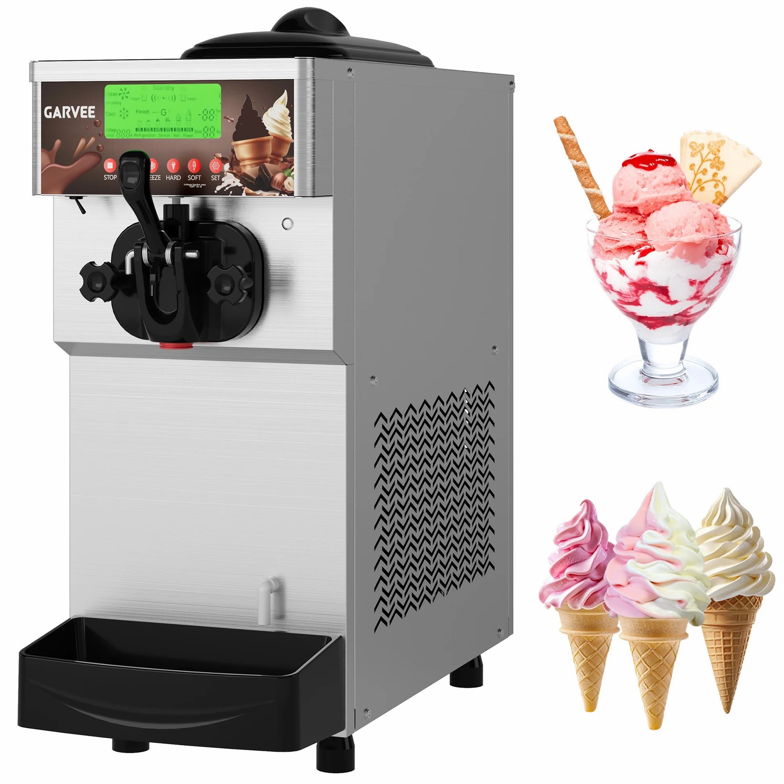 1500W Single Flavor Soft Serve Ice Cream Machine 5.3-7.4 Gal/H LED Self-Cleaning