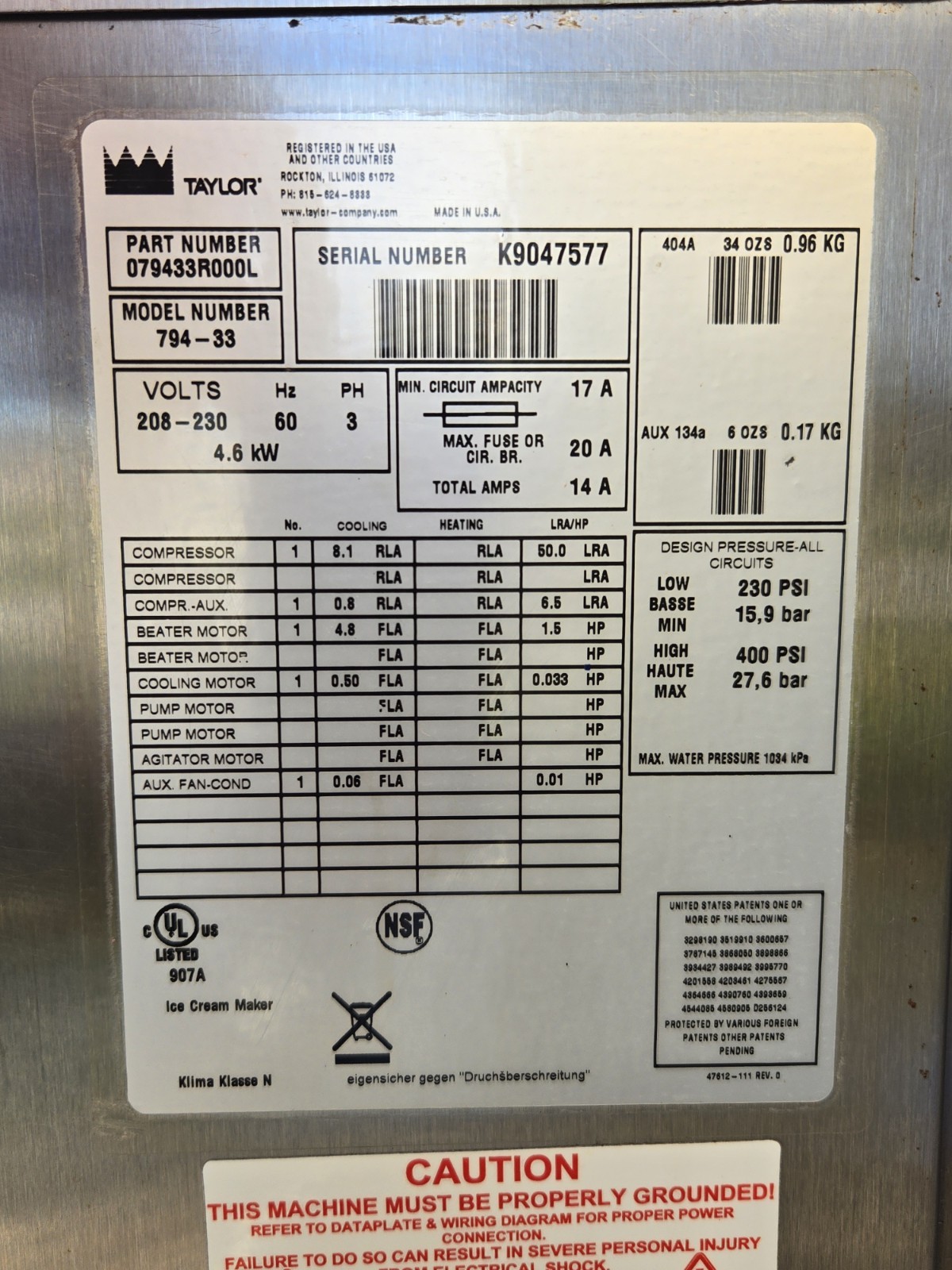 ONE Taylor ice cream machine 794-33 Water cooled, 3ph
