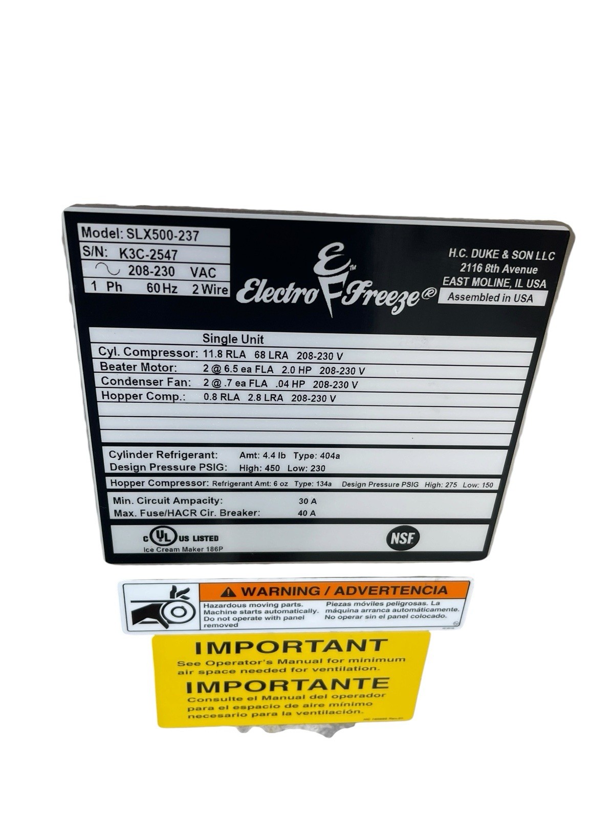 electro freeze slx500-237 Air cooled, Single PHase