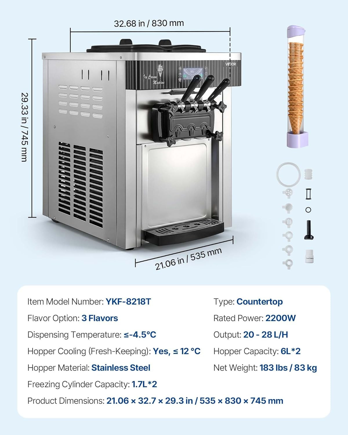 2200W Commercial Soft Serve Ice Cream Machine 3 Flavor 20-28L/H Countertop 6L