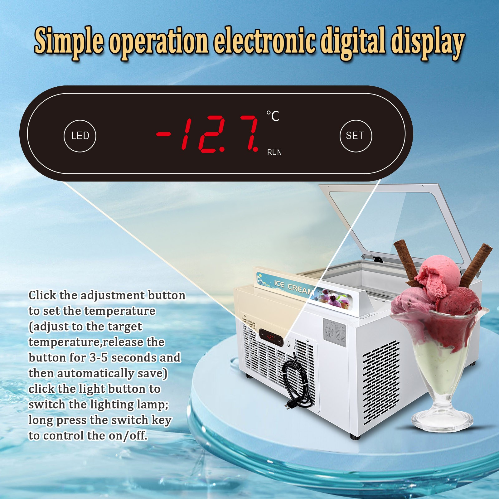 USA Kolice Ice Cream Dipping Cabinet Showcase Freezer with 3 Pans, Auto Defrost