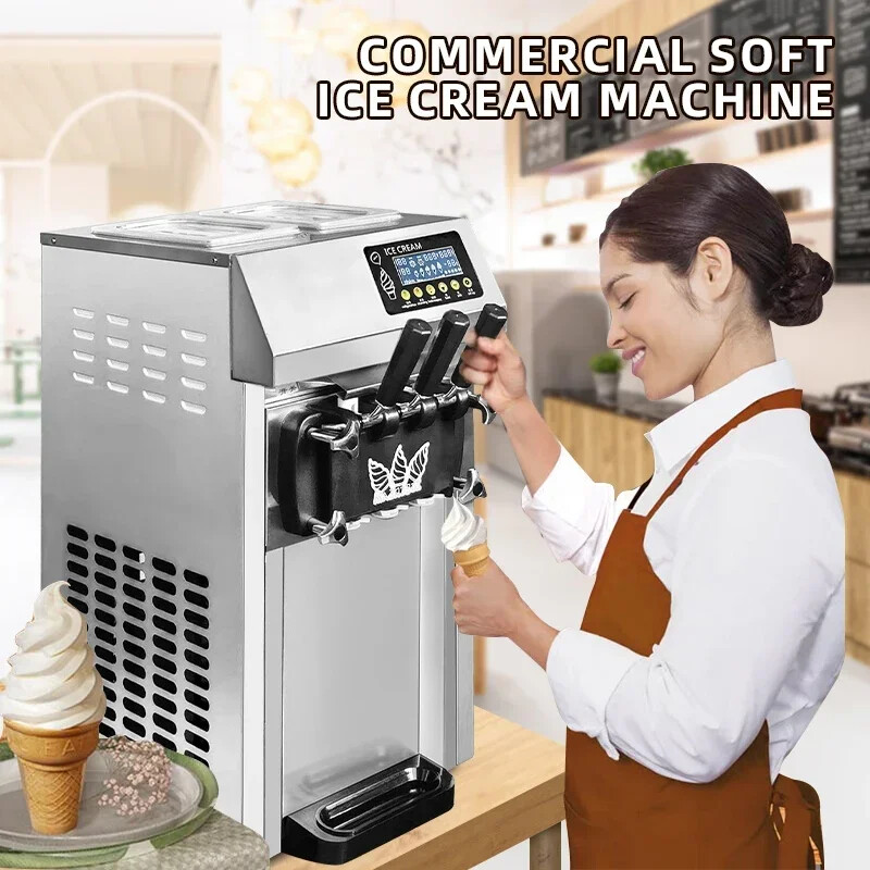 VEVOR 18-20L/h Commercial Ice Cream Machine Countertop Soft Serve Maker 3Flavors