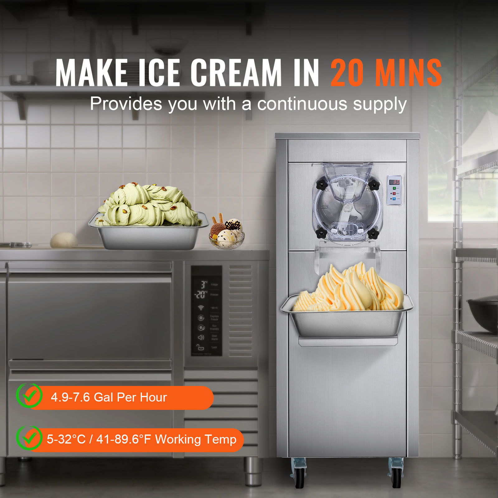 VEVOR Commercial Hard Serve Ice Cream Machine Maker 18 L/H Yield Single Flavor