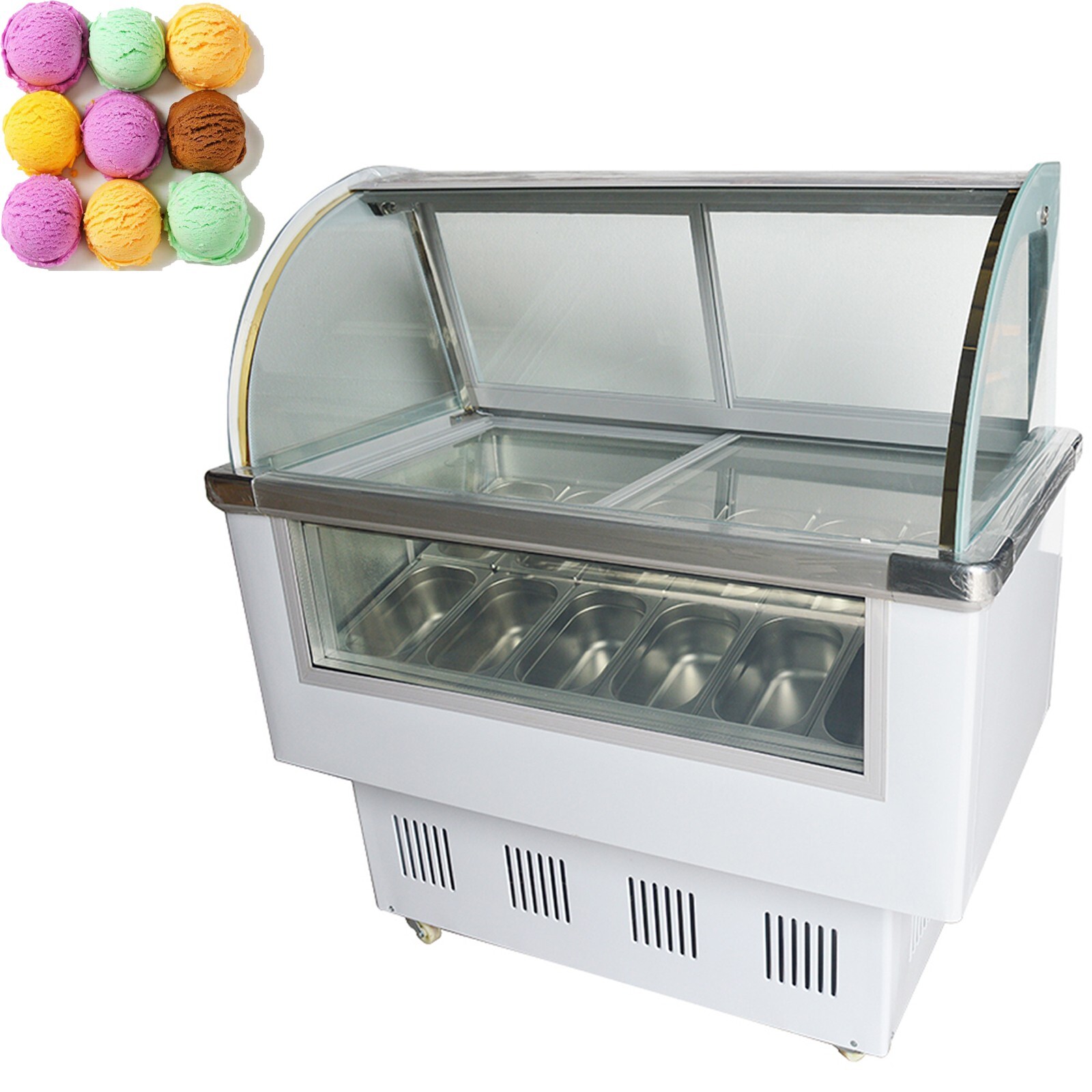 12 Pan Ice Cream Showcase Refrigerator Display Case Gelato Freezer with LED 220V