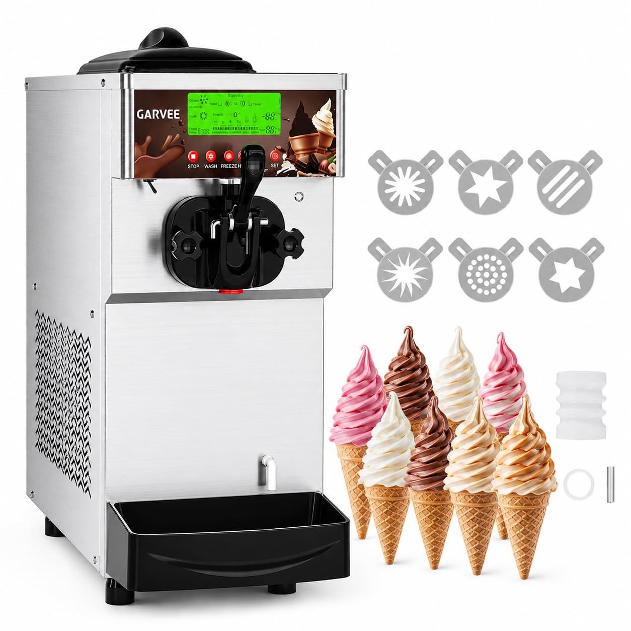 Arsupen 1500W Single-Flavor Soft Serve Machine 20-28L/H Two 6L SS Hoppers