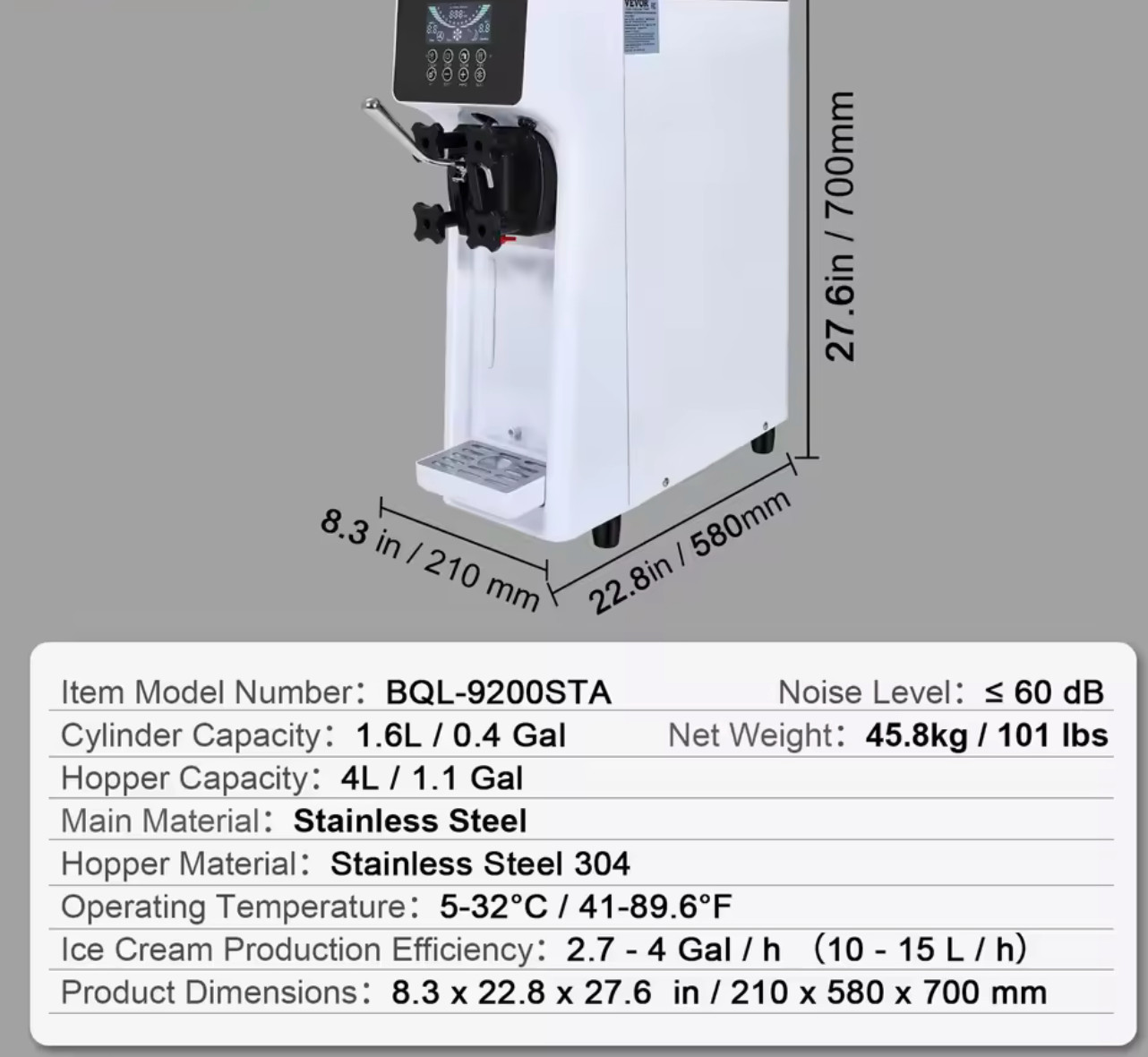 TECSPACE 10-20L/H Commercial Soft Ice Cream Machine 1300W Frozen Yogurt Maker
