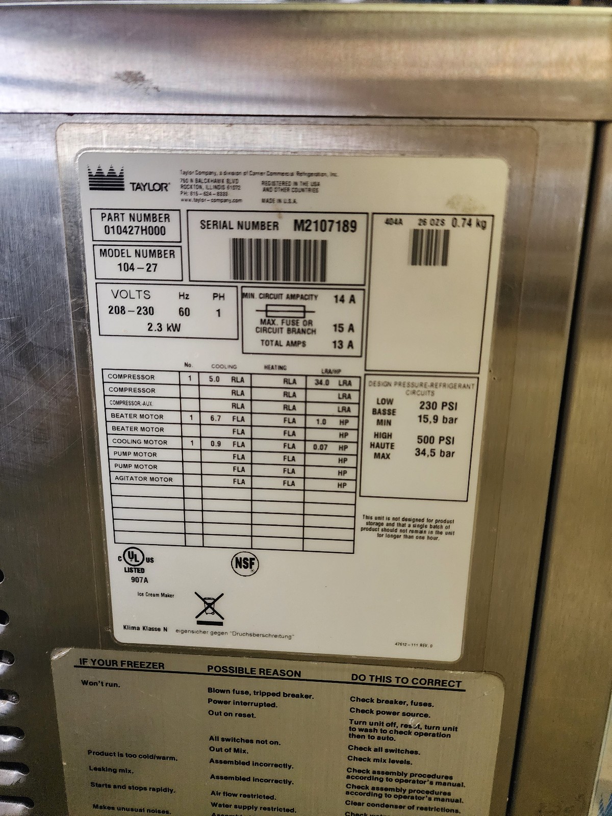 2012 Taylor Crown 104-27 Countertop Ice Cream Air Cooled Batch Freezer 230V