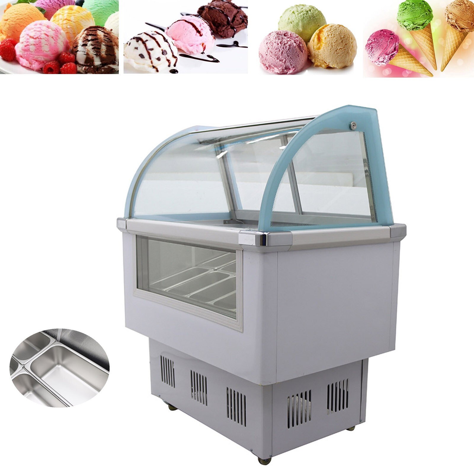 220V 10 Pan Ice Cream Showcase Hard Ice Cream Freezer Case with LED Light 180W