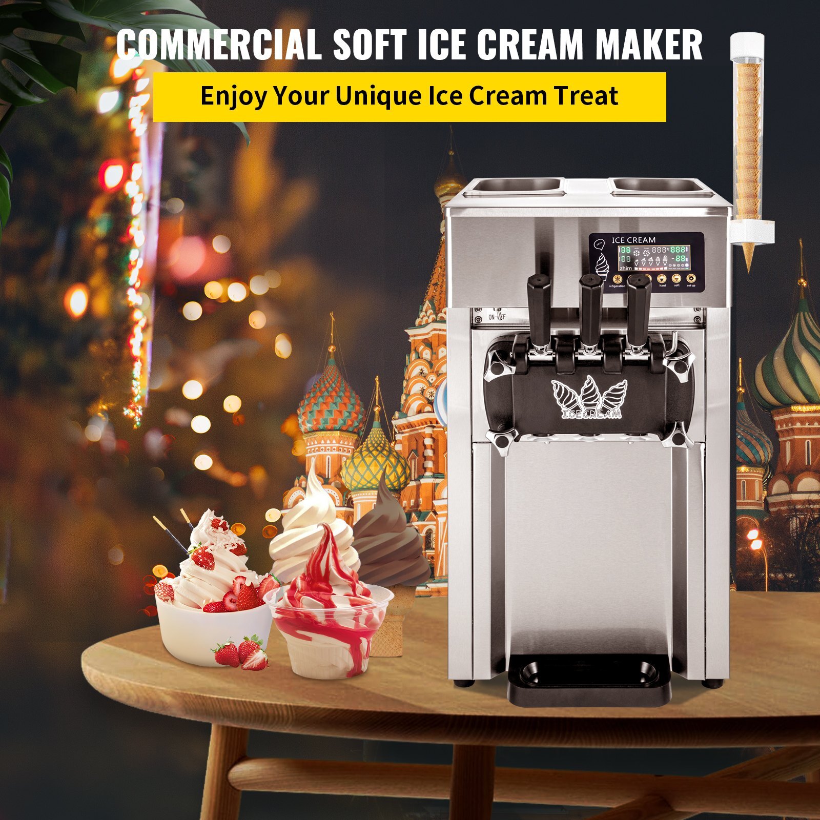 SIHAO Countertop 1200W 2+1Flavor Soft Serve5Gal/H LCD Ice Cream Machine Maker