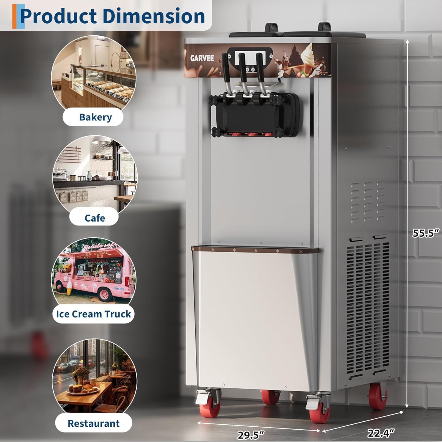 Commercial Soft Serve Ice Cream Machine 9.2-10.5 Gal/H Yield 3-Flavors