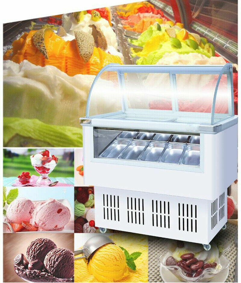 220V 10 Pan Ice Cream Cabinet Refrigerator Display Case Showcase Gelato Freezer
