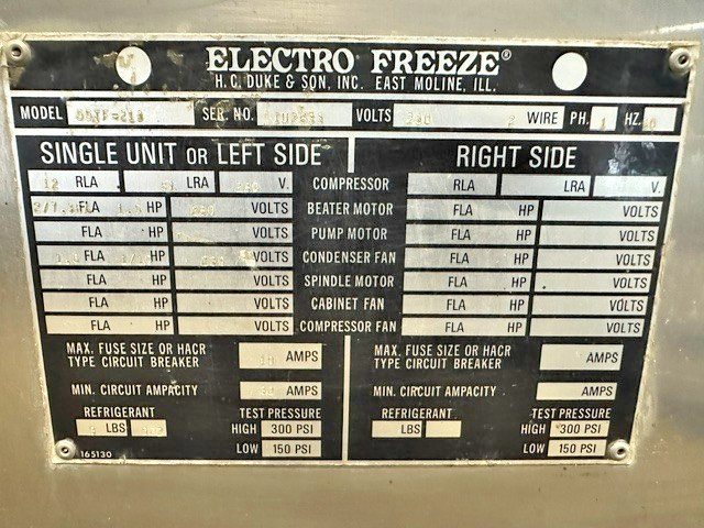 ELECTRO FREEZE 55TF-213 AIR COOLED 1PH 2 FLAVOR SOFT SERVE ICE CREAM MACHINE