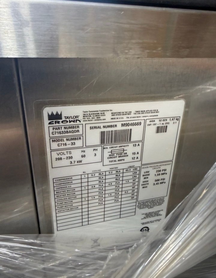2019 Taylor C716 air cooled soft serve machine (2 available) warranty
