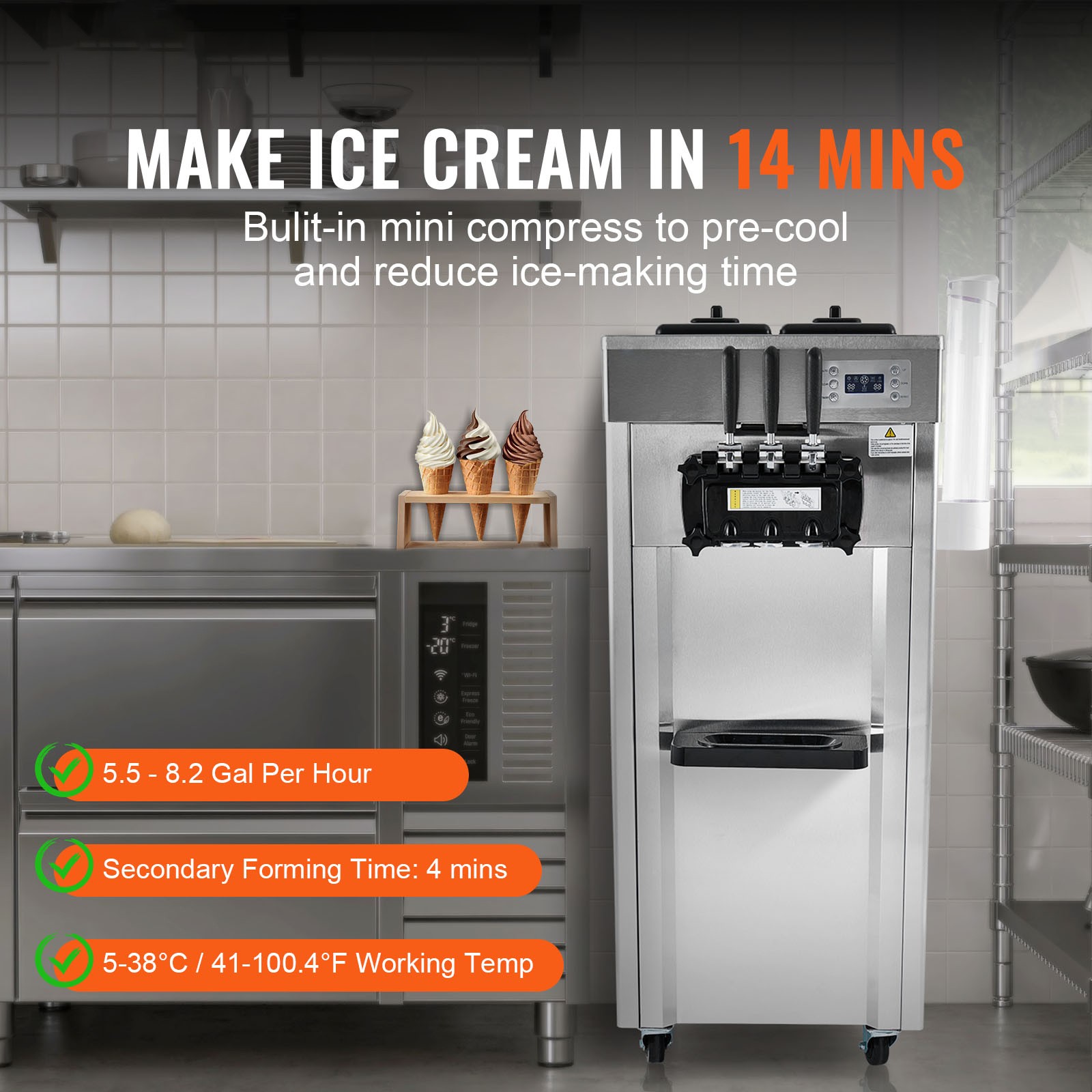 Uimoso Commercial Soft Serve Ice Cream Maker, 3-Flavors, 21-31 L/H Capacity