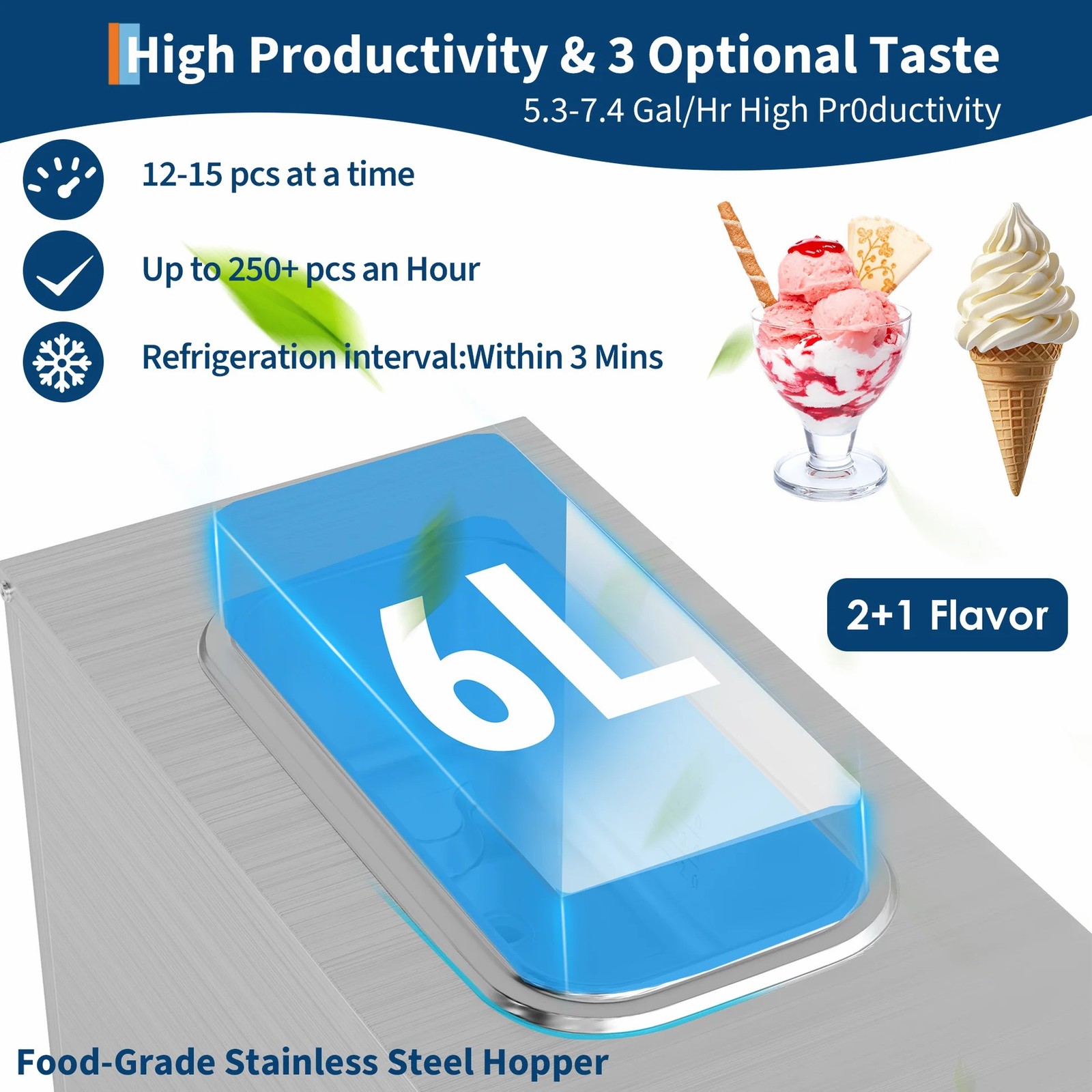 1500W Single Flavor Soft Serve Ice Cream Machine 5.3-7.4 Gal/H LED Self-Cleaning