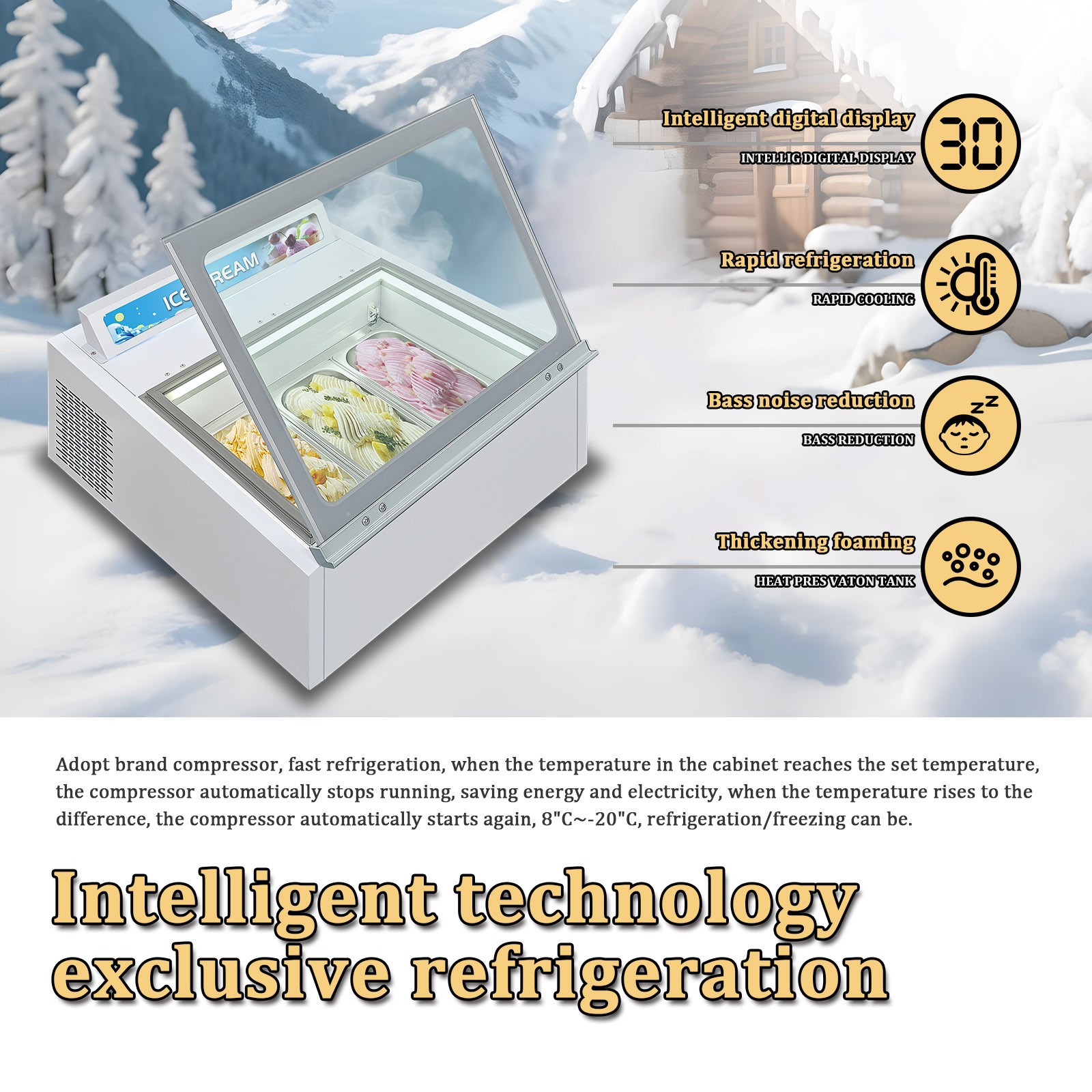 USA Kolice Ice Cream Dipping Cabinet Showcase Freezer with 3 Pans, Auto Defrost