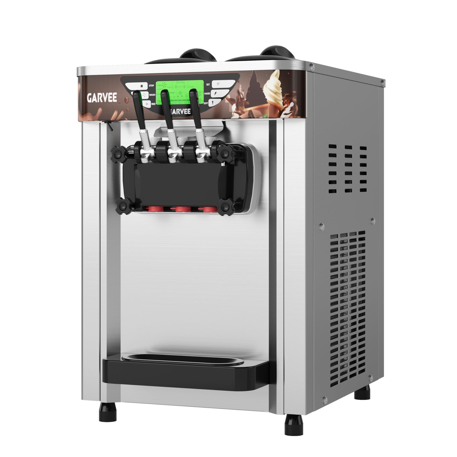 1800W 2+1 Flavors Soft Serve Ice Cream Machine 5.8-7.9 Gal/H LED Self-Cleaning