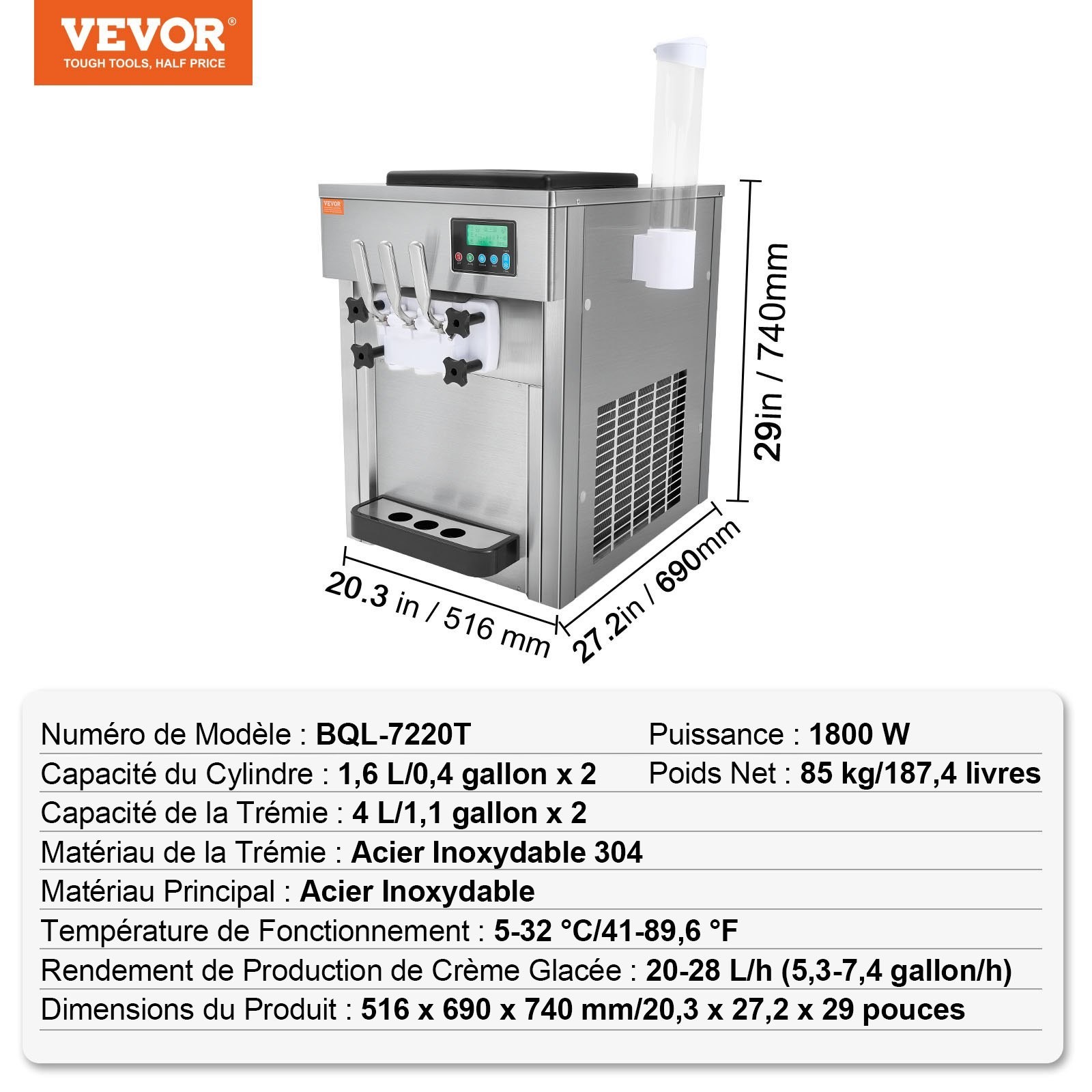 VEVOR Commercial Soft Serve Ice Cream Machine 20L/H Yield 3 Flavor Countertop