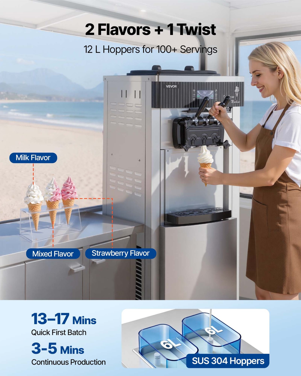 VEVOR Commercial Ice Cream Machine 2200W Pre-Cooling Ice Cream Maker 3 Flavors