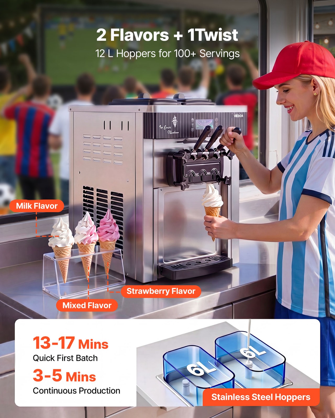 VEVOR Commercial Ice Cream Machine 2200W Pre-Cooling Ice Cream Maker 3 Flavors