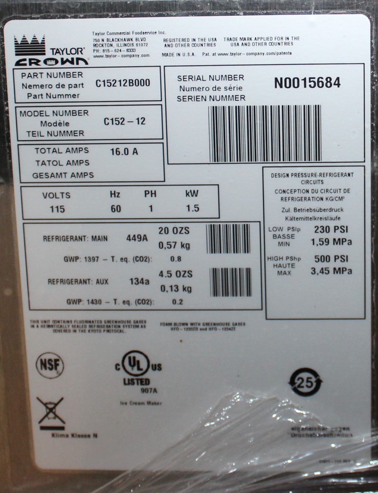 2020 Taylor Model C152-12 CounterTop Soft Serve Ice Cream Machine 115/60/1