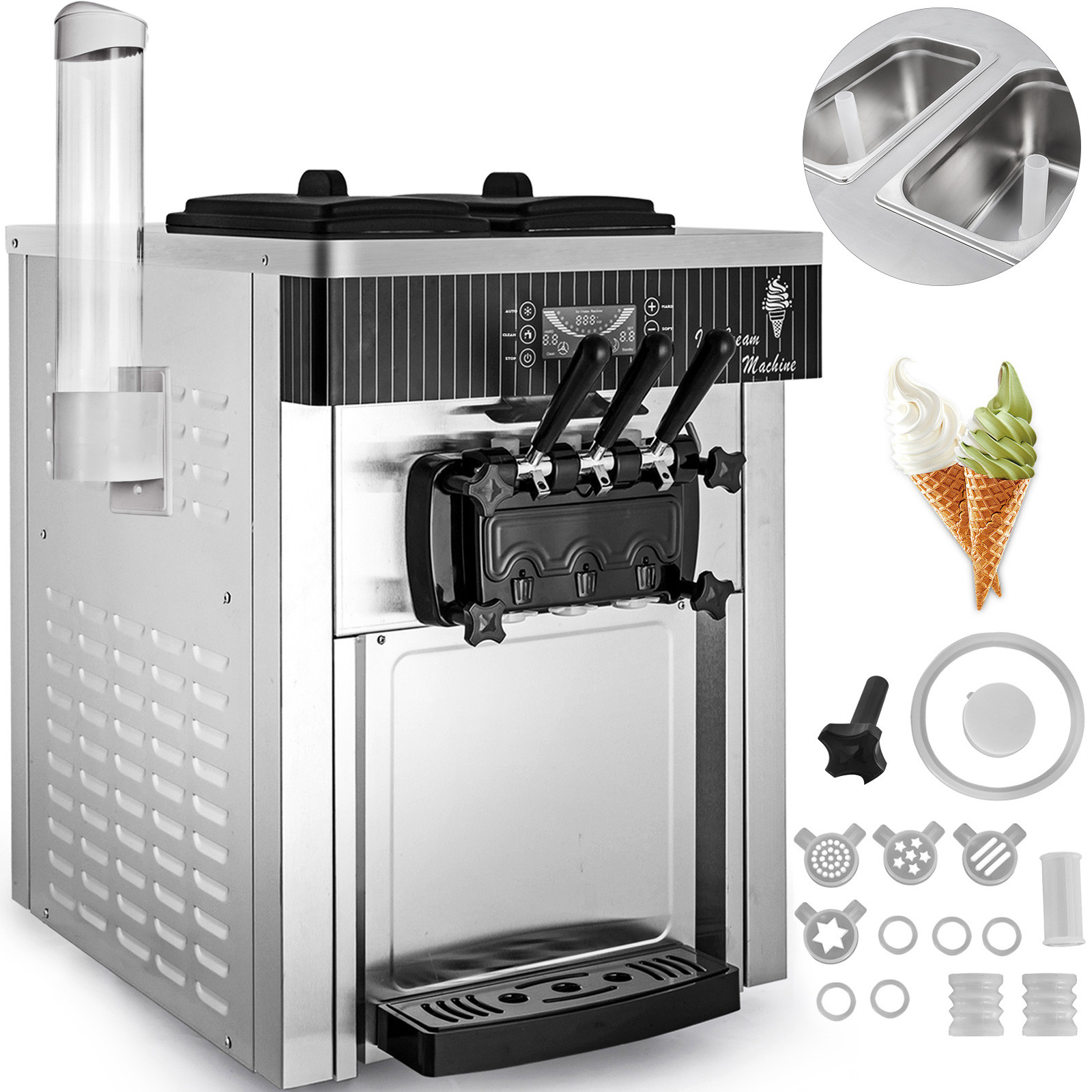 VEVOR Countertop Soft Ice Cream Machine Commercial 3 Flavors Ice Cream Maker