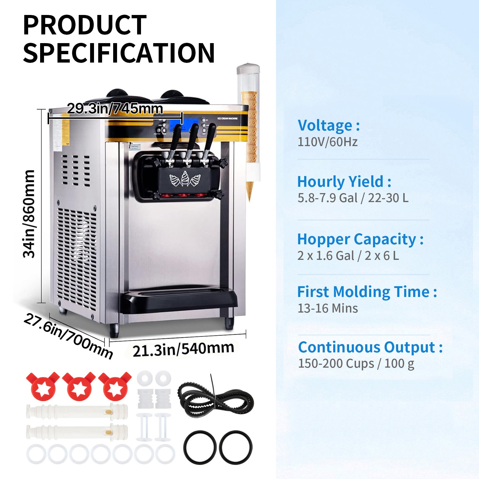 Uimoso Countertop Soft Serve Ice Cream Machine, 22-30L/H Frozen Yogurt Maker
