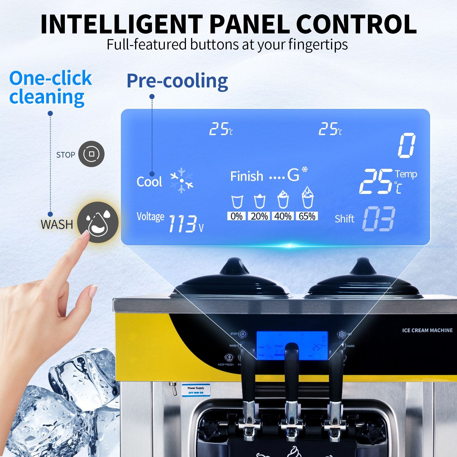 22-30L/H Yield, 2200W Countertop Soft Serve Machine with 2x6L Hopper 2L Cylinder