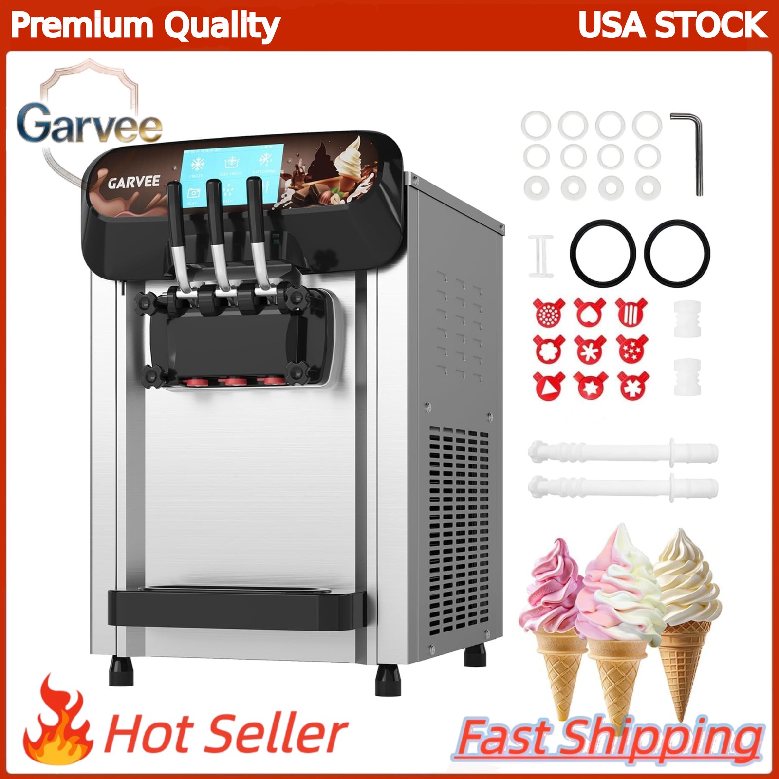 Commercial 3-Flavor Soft Serve Ice Cream Machine 22-30L/H 7in LCD 2x6L Hopper