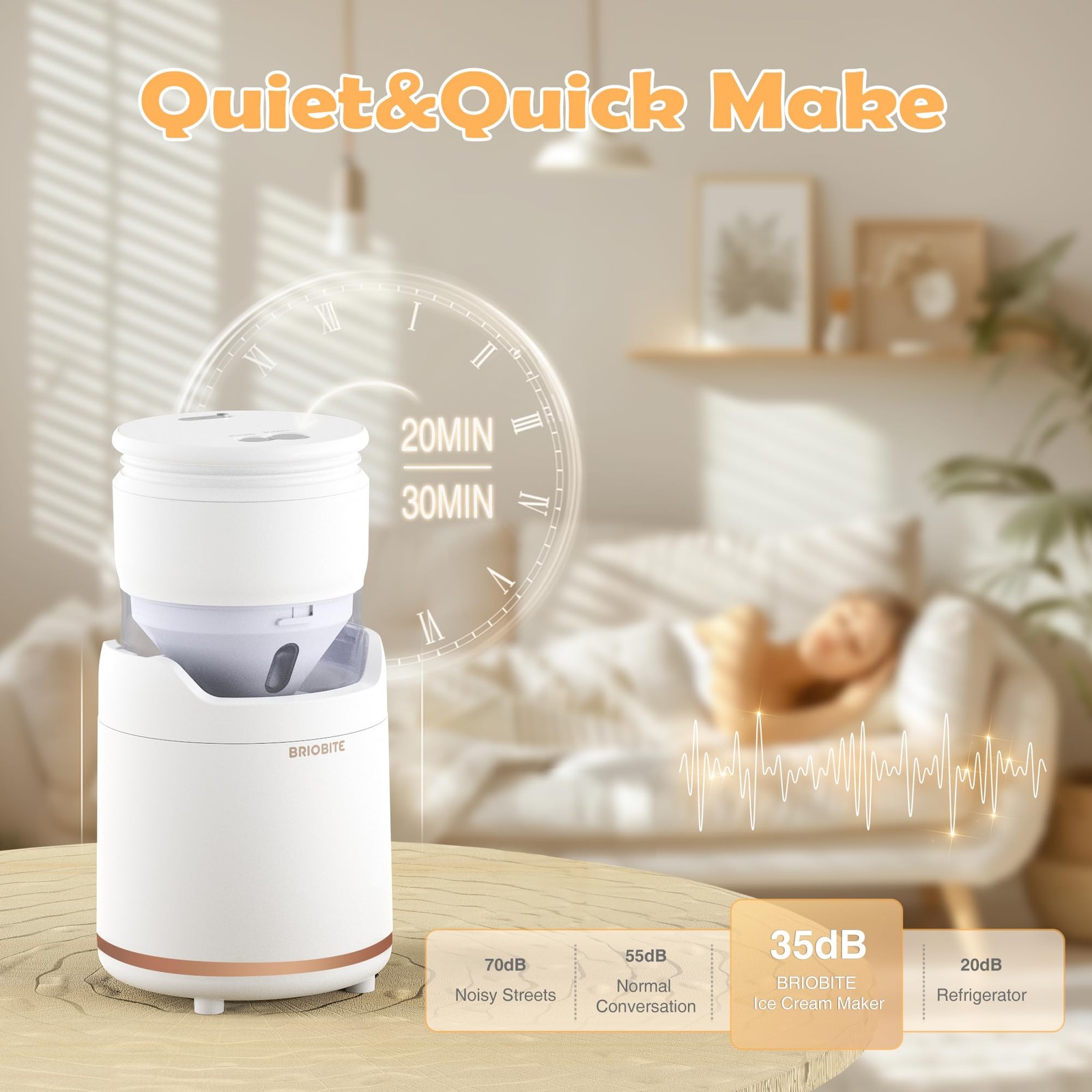 BRIOBITE Mini Electric Ice Cream Maker – Low-Noise, Rechargeable Gelato, Sorbet,