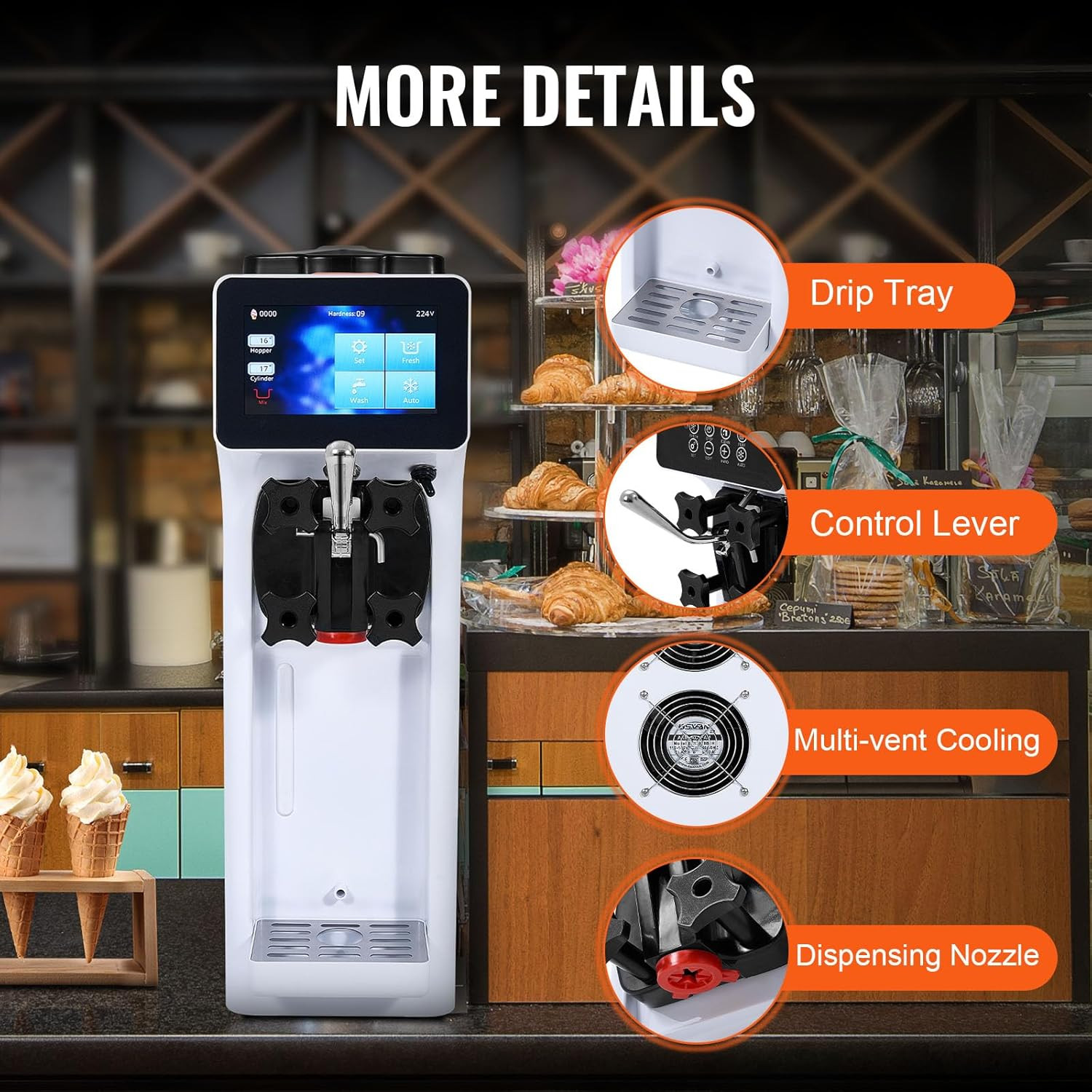Commercial Ice Cream Machine, 1000W Single Flavor Soft Serve Ice Cream Maker, 10