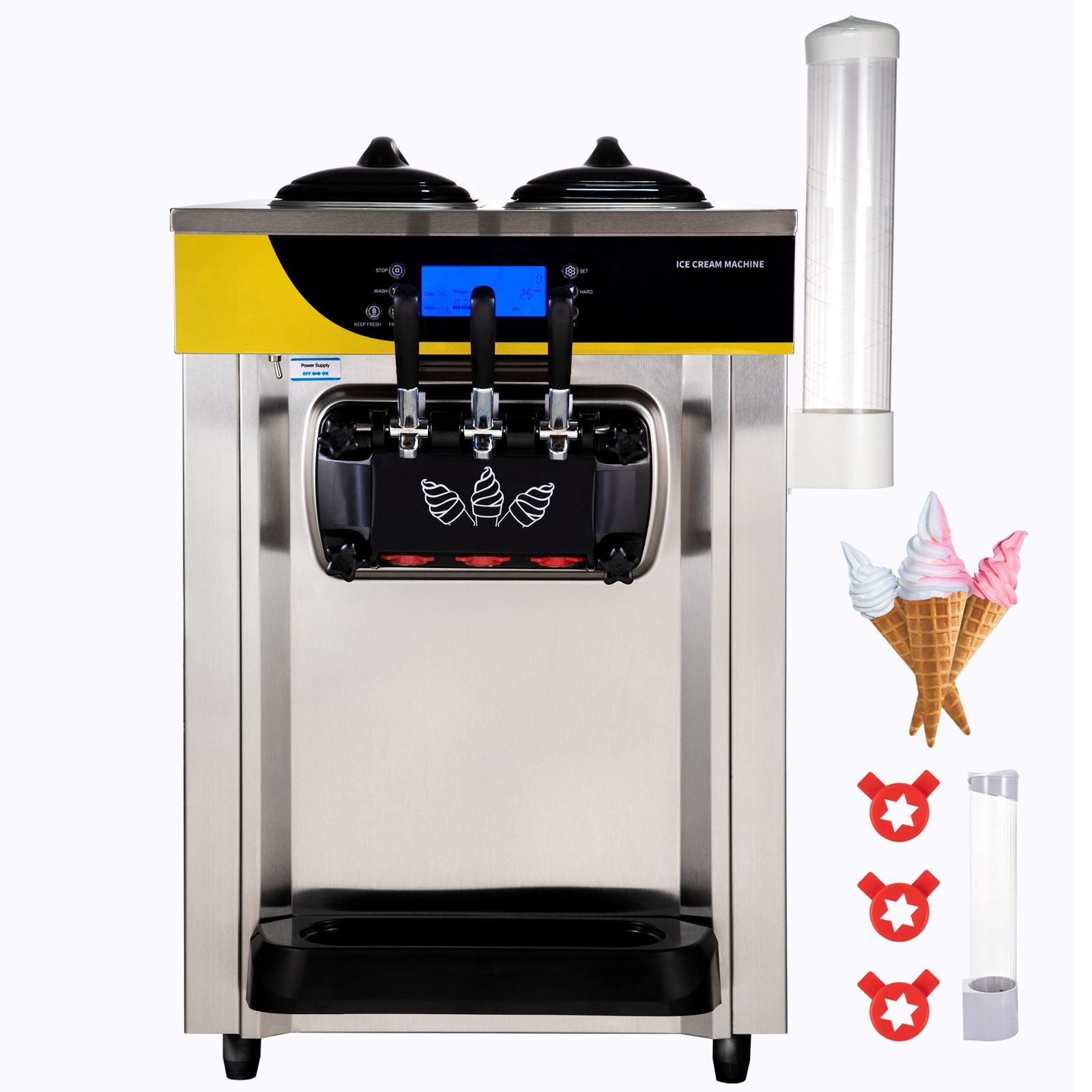 22-30L/H Yield, 2200W Countertop Soft Serve Machine with 2x6L Hopper 2L Cylinder