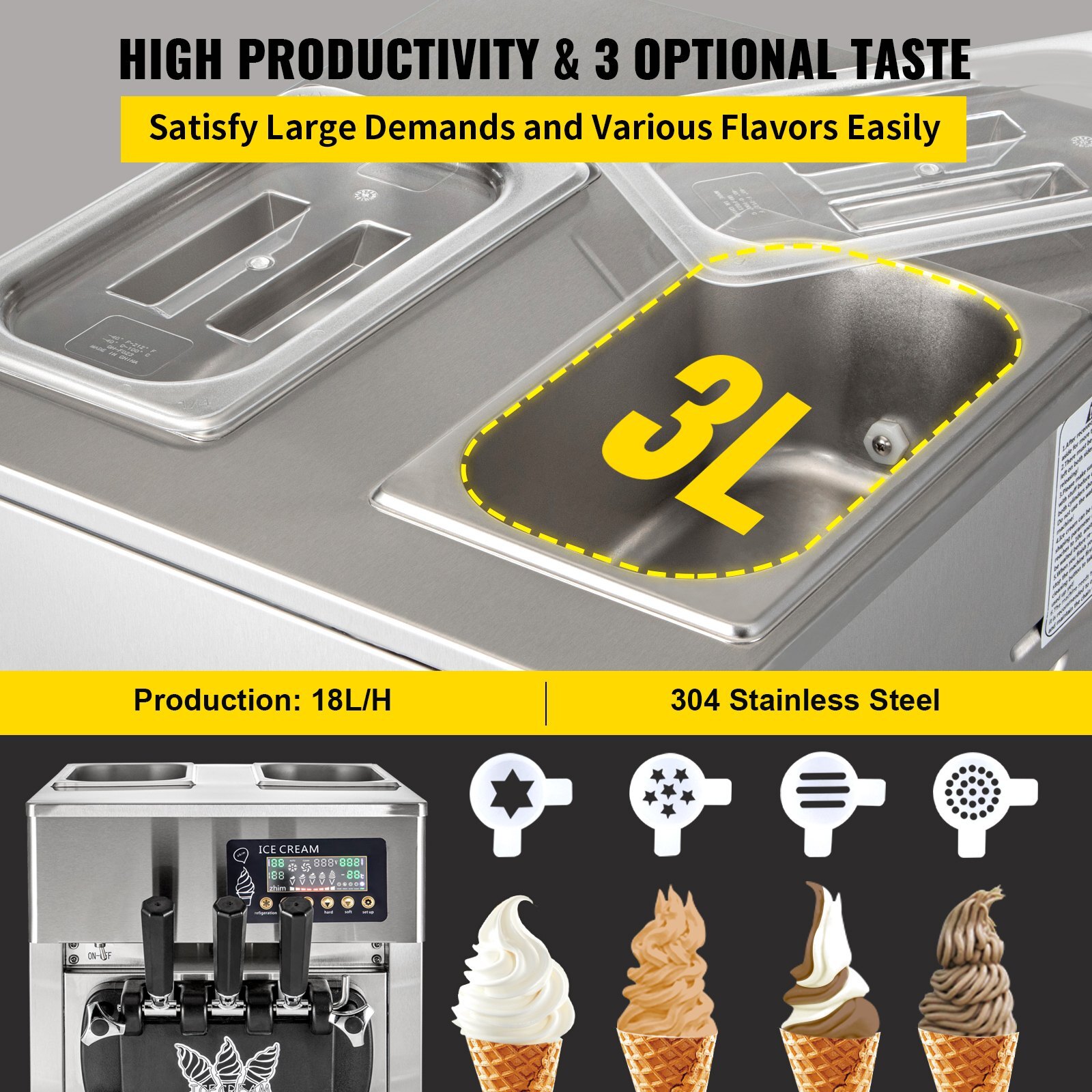 SIHAO Countertop 1200W 2+1Flavor Soft Serve5Gal/H LCD Ice Cream Machine Maker