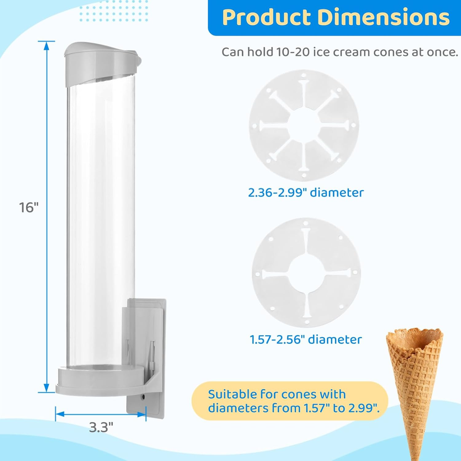 16″ Commercial Ice Cream Cone Dispenser – Wall Mount Holder for Cones (1PCS)