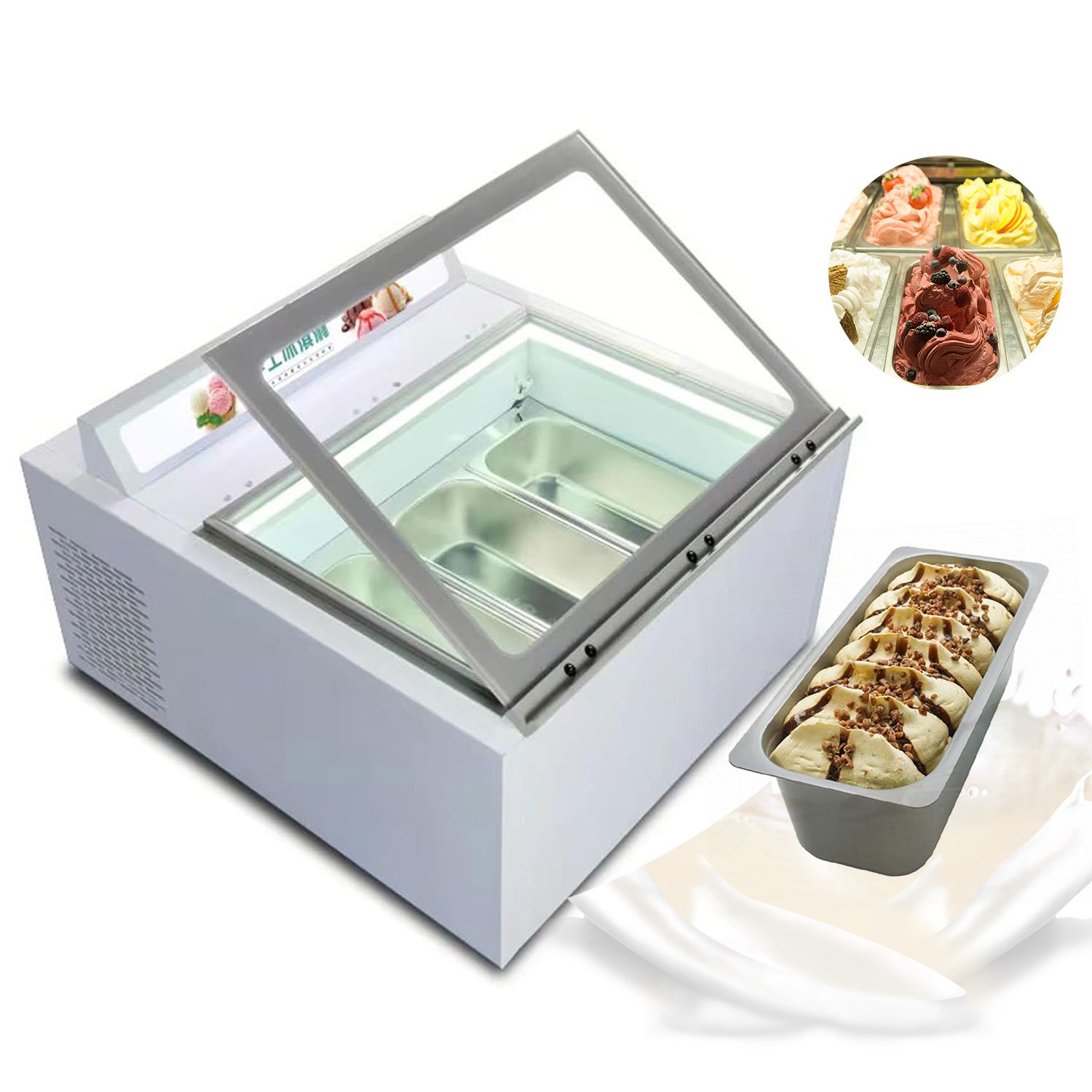 USA Kolice Ice Cream Dipping Cabinet Showcase Freezer with 3 Pans, Auto Defrost